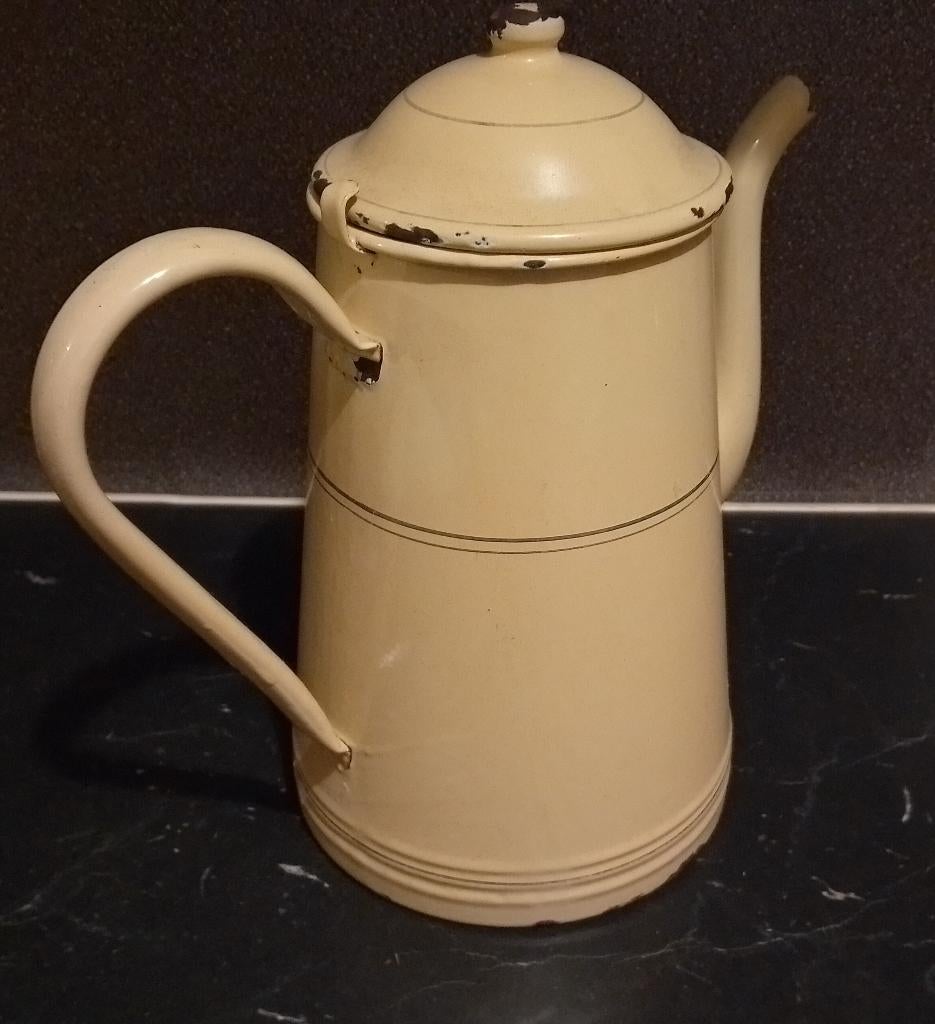 Grote Emaille Crème Kleurige koffiekan, Ophalen of Verzenden