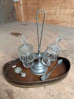 Antiek glazen potjes in tinnen houder + dienblad, Antiek en Kunst, Ophalen of Verzenden