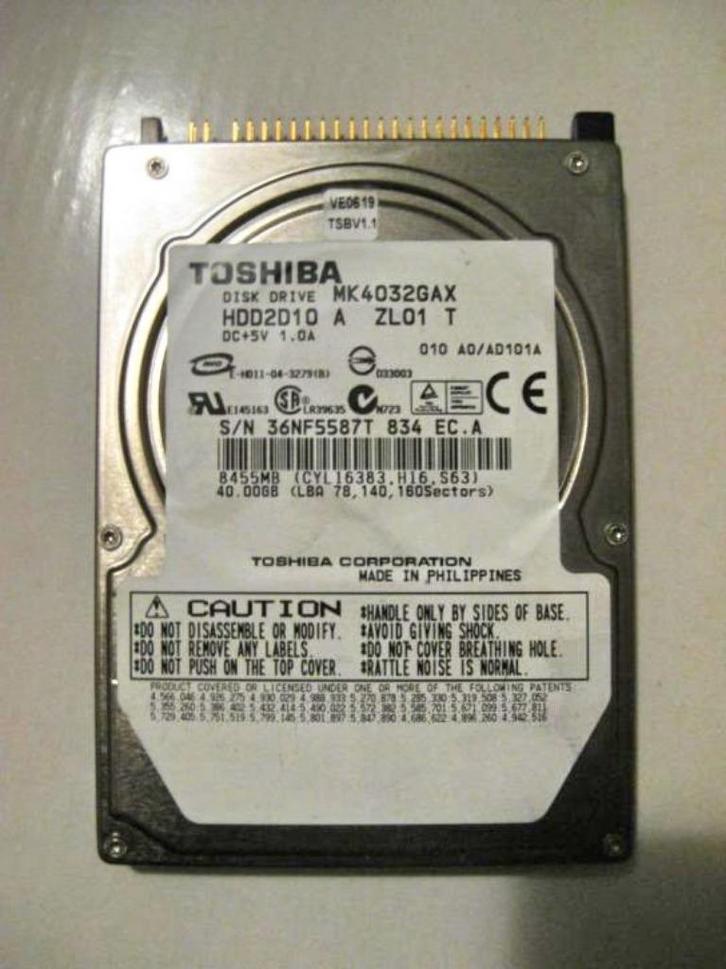 Toshiba MK4032GAX 40GB 5400rpm 2,5" IDE laptop harddisk, Computers en Software, Harde schijven, Gebruikt, Laptop, Intern, HDD