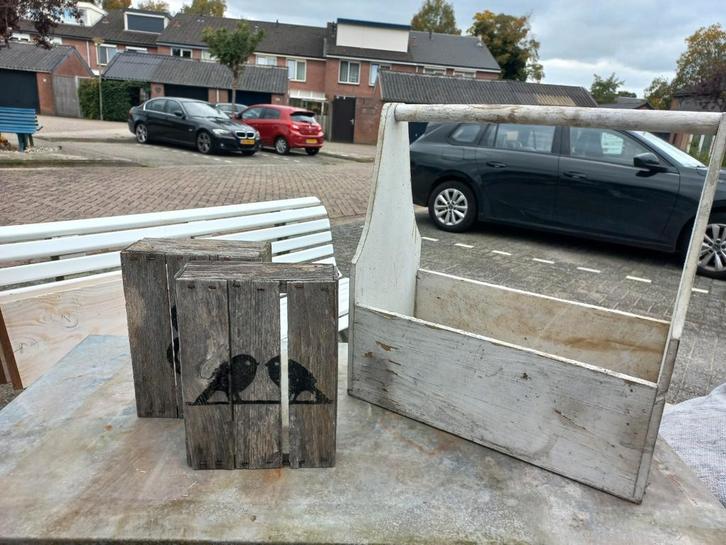 Houten bloembak, deco hout,vogel,gereedschapskist,planten, Tuin en Terras, Bloembakken en Plantenbakken, Gebruikt, Hout, Tuin