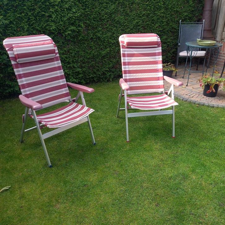 2 Crespo Relax Campingstoelen met Hoofdkussen, Tuin en Terras, Tuinstoelen, Zo goed als nieuw, Aluminium, Inklapbaar, Verstelbaar