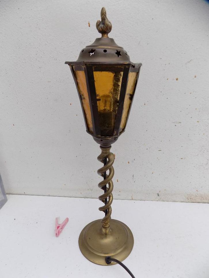 Amsterdamse school lantaarnlampje arts en craft, Huis en Inrichting, Lampen | Tafellampen, Gebruikt, Minder dan 50 cm, Glas, Metaal