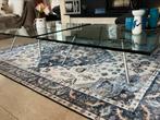 Glazen bijzet tafel met stalen pootjes 1x1 m, Ophalen, Rond, 50 tot 100 cm, Zo goed als nieuw