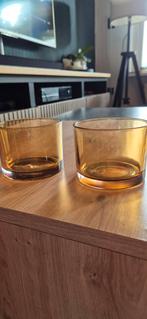 2x Amberkleurige Waxinelichthouders, Geel, Ophalen of Verzenden, Minder dan 50 cm, Glas