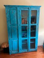 Wandkast / vitrinekast met glasdeuren / Boho / India / Blauw, Huis en Inrichting, Kasten | Vitrinekasten, Ophalen, 25 tot 50 cm