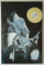 Modern Schilderij van Indiaan en Wolf, Acrylverf op Doek, Antiek en Kunst, Ophalen of Verzenden