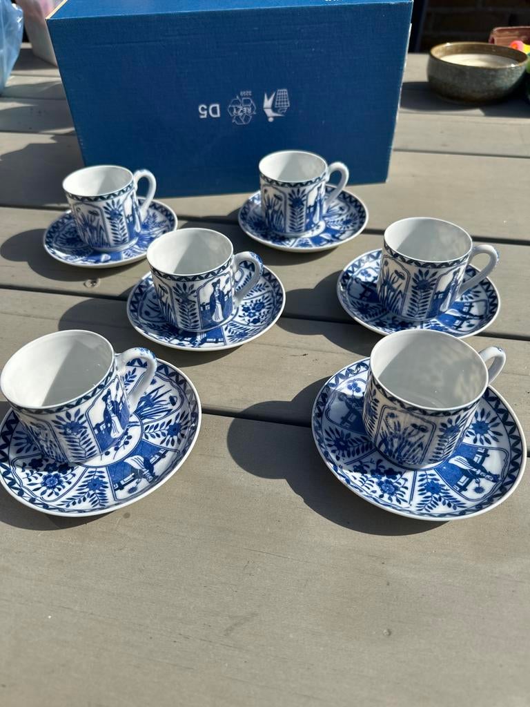 Set van 6 mini kopjes en schotels - Blauw-wit decor, Ophalen of Verzenden