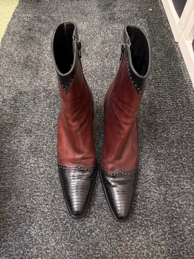 Lorenzo Banfi Leren Enkellaarsjes - Bruin met Zwart, Kleding | Dames, Ophalen of Verzenden, Gedragen, Bruin, Lage of Enkellaarzen