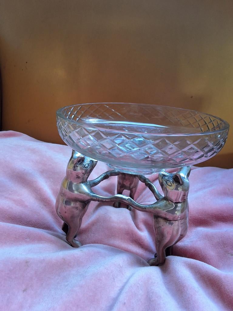 Unieke kristallen schaal op zilverkleurige biggen standaard, Antiek en Kunst, Ophalen of Verzenden