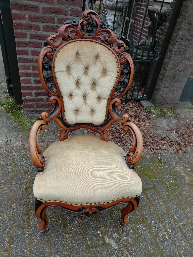Biedermeier mahonie voltaire, gecapitonneerde beige velours., Ophalen