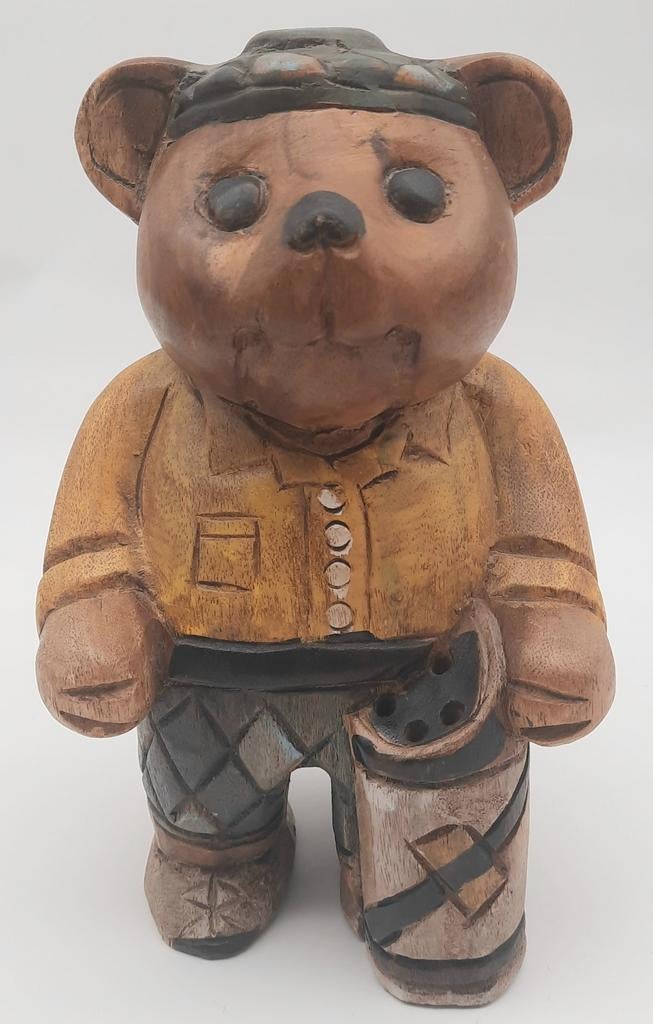 Vintage grote houten beeld Beer met golftas, Antiek en Kunst, Overige onderwerpen, Houtsnijwerk, Ophalen of Verzenden, 20 - 50 cm