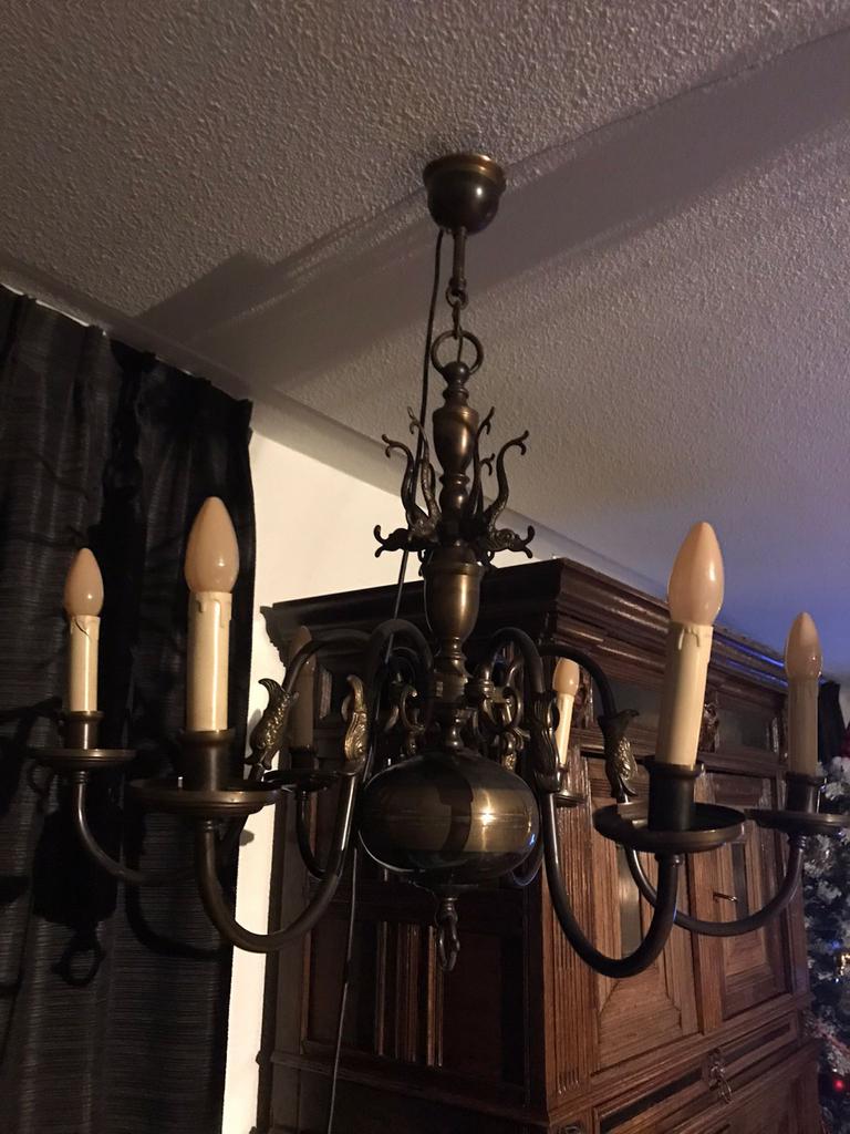 Antieke bronzen hanglamp / kroonluchter met 6 armen, Antiek en Kunst, Ophalen