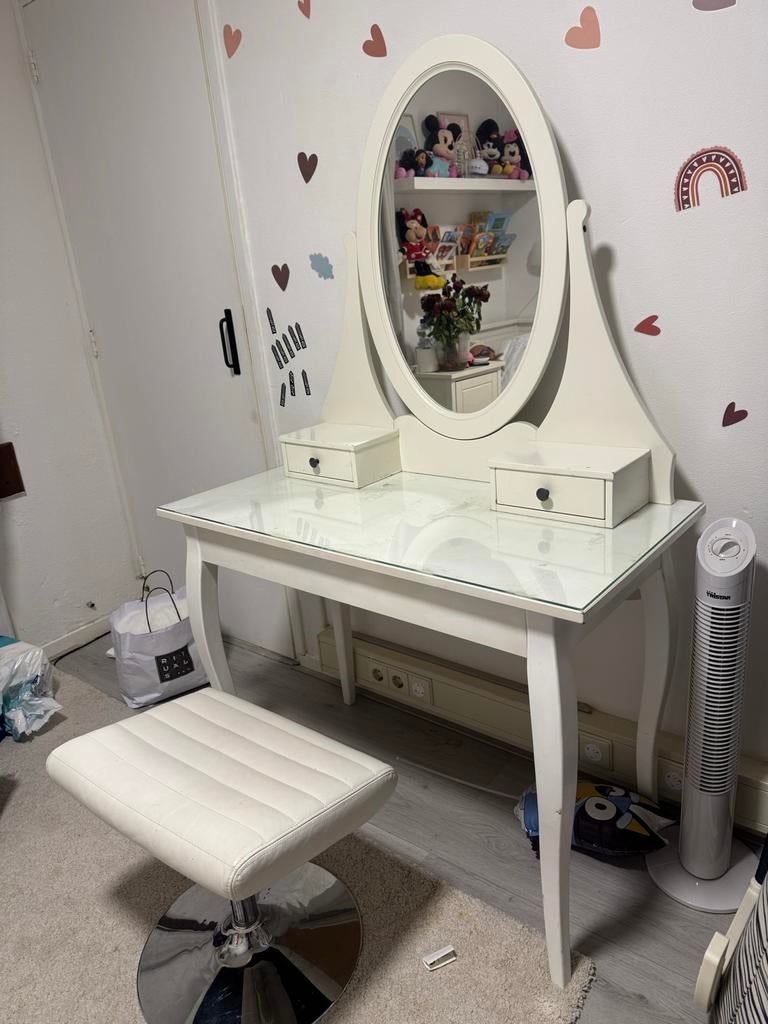 Witte kaptafel met spiegel en krukje, Gebruikt, 100 tot 150 cm, Hout, 50 tot 100 cm