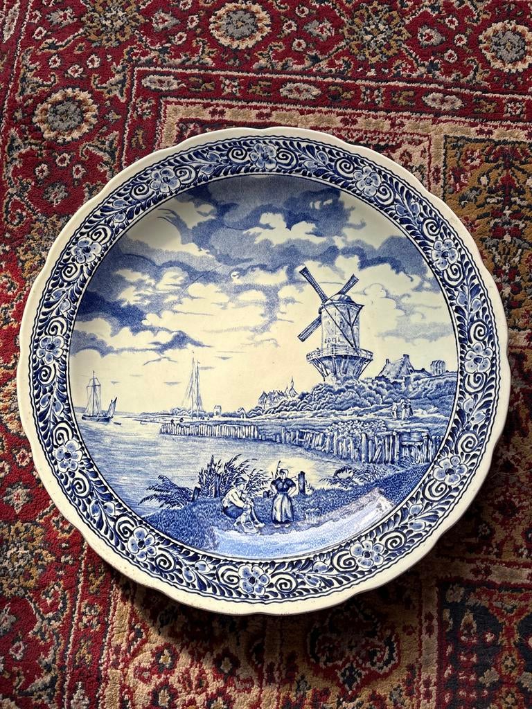 Groot Delftsblauw Bord met Molenlandschap - 40 cm, Ophalen of Verzenden