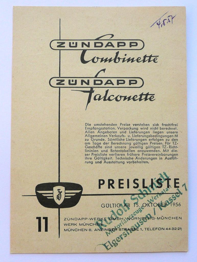 Zündapp Prijslijst Combinette/Falconette (Okt.1956) 2-zijdig, Fietsen en Brommers, Verzenden, Gebruikt
