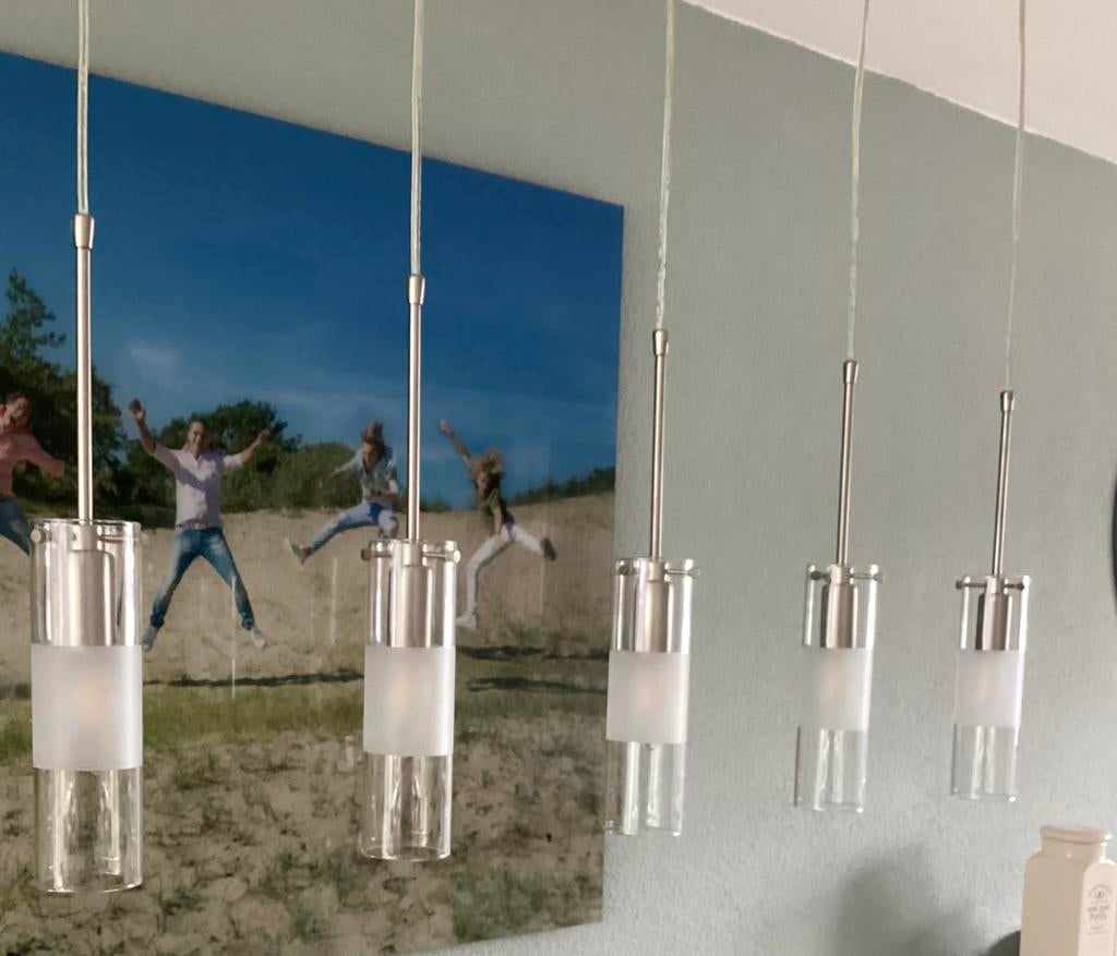 Chrome hanglamp met 5 kelken en 1 met 3 kelken, Ophalen of Verzenden, Zo goed als nieuw, 75 cm of meer