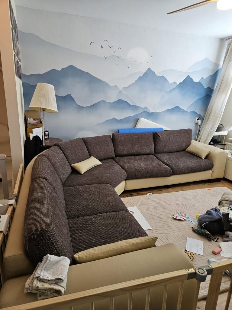 Hoekbank bruin met beige onderkant, Ophalen, Gebruikt