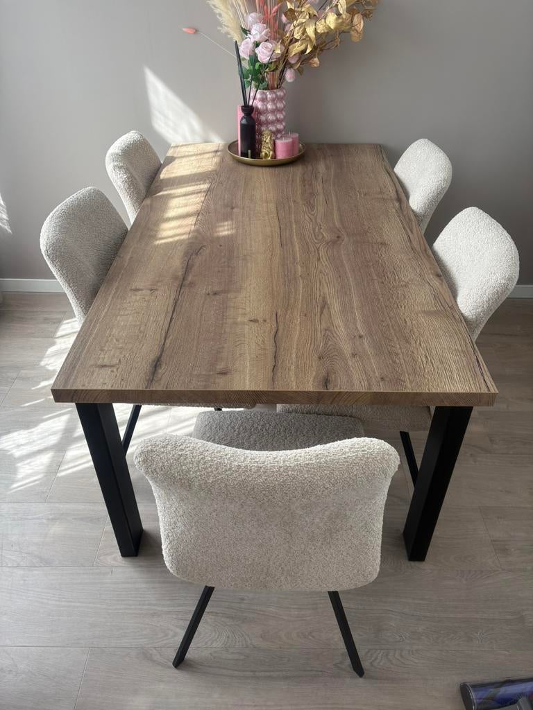 Eetkamertafel + 5 teddy stoelen, Zo goed als nieuw, Vijf personen of meer, 150 tot 200 cm, Rechthoekig