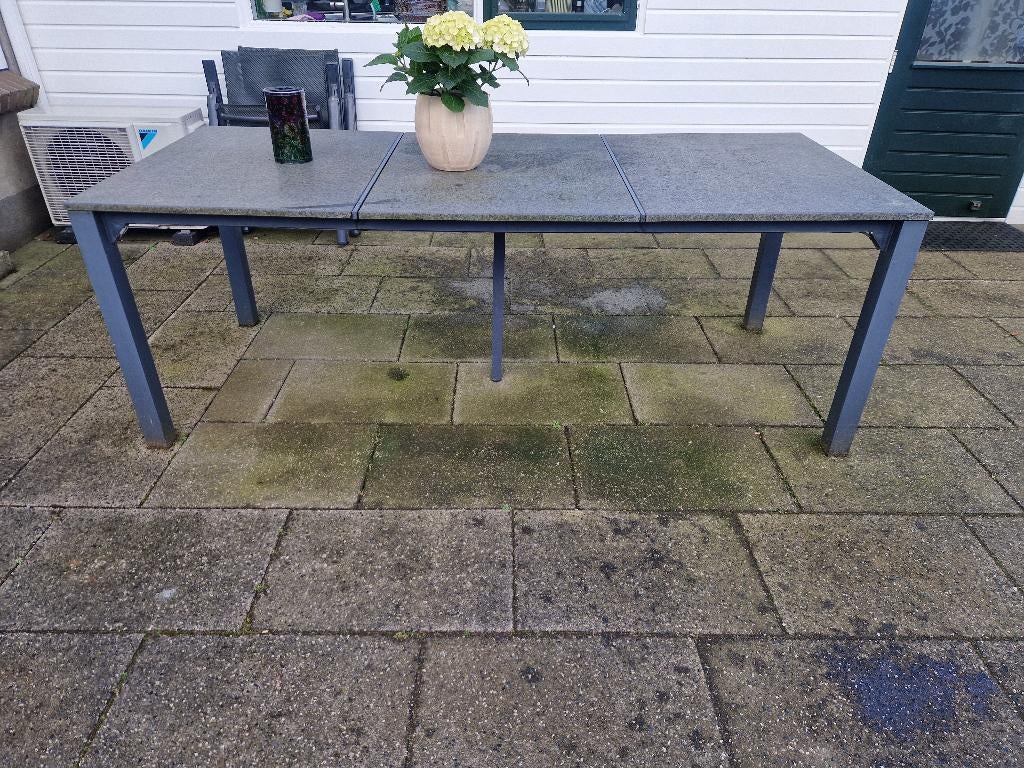 Zware aluminium tuintafel met 3 granieten platen 210x90x75cm, Ophalen of Verzenden, Zo goed als nieuw, Rechthoekig, Aluminium