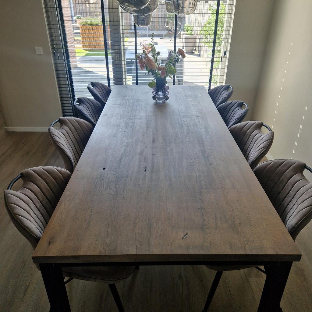 Eettafel 250x105 met grijs blad en stalen frame, Huis en Inrichting, Tafels | Eettafels, Ophalen of Verzenden, Rechthoekig, 200 cm of meer