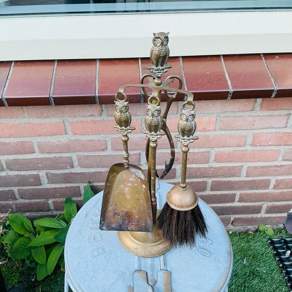 Messing Openhaardstel met Uilen - Gebruikt, Ophalen of Verzenden, Gebruikt, Vrijstaande haard, Overige soorten
