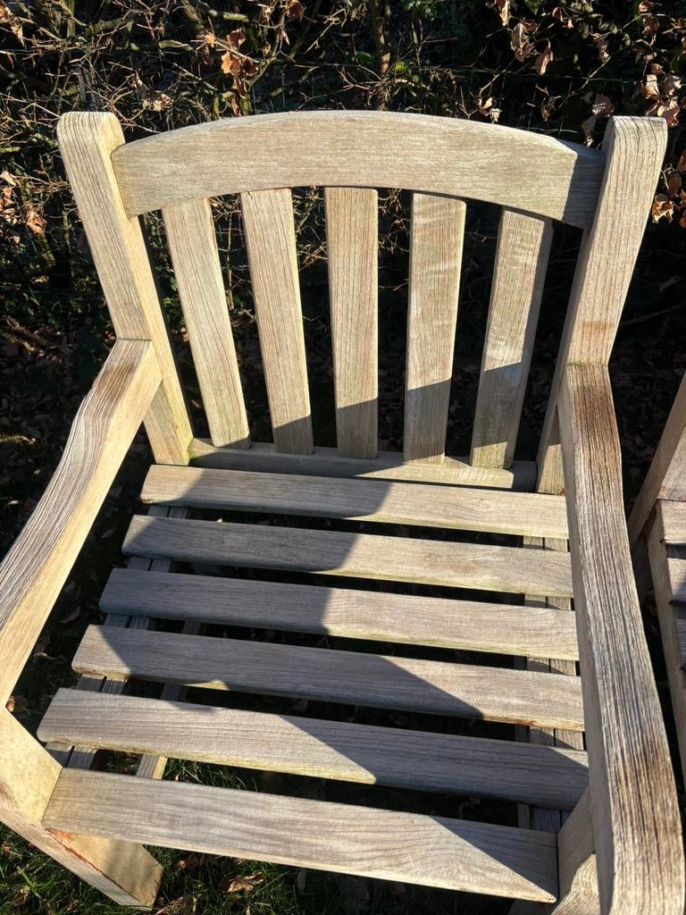 2x blokstoelen teakhout, Ophalen, Zo goed als nieuw, Teakhout