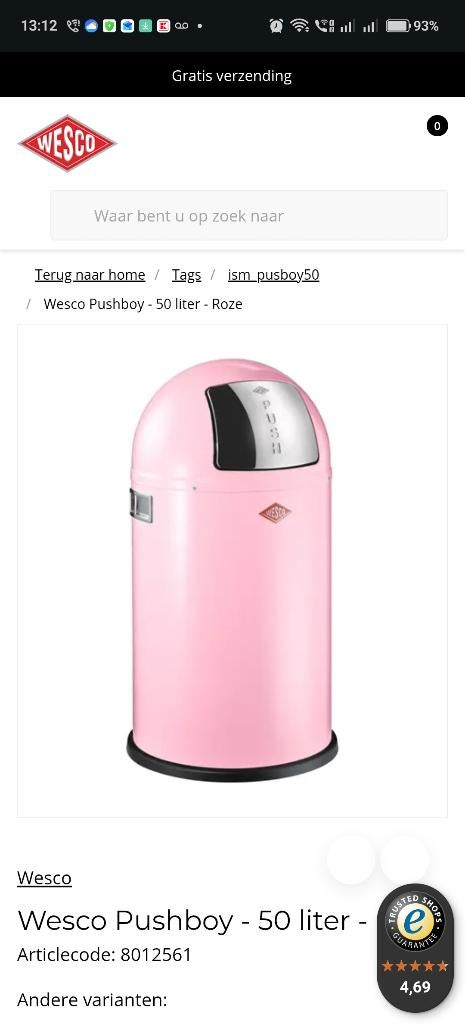 Wesco pushboy prullenbak, Ophalen, Nieuw, 40 liter of meer, Metaal