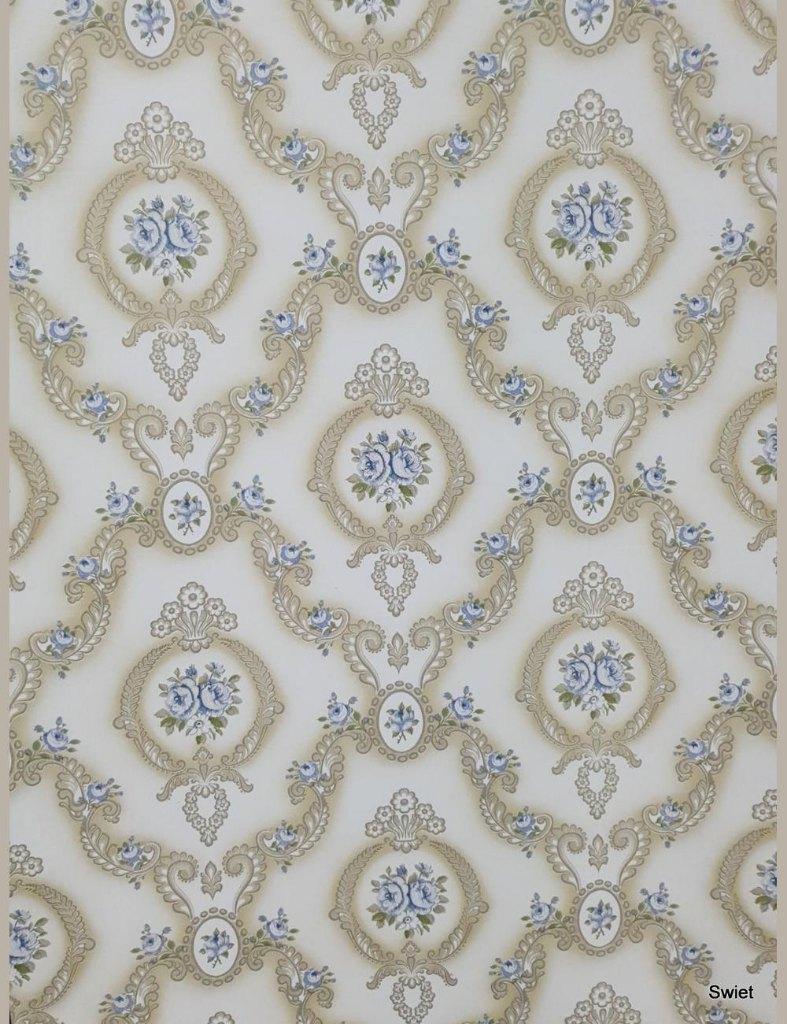 14050 barok behang jaren 70 met blauwe roosjes swiet, Huis en Inrichting, Stoffering | Behang, Ophalen of Verzenden, Minder dan 10 m²