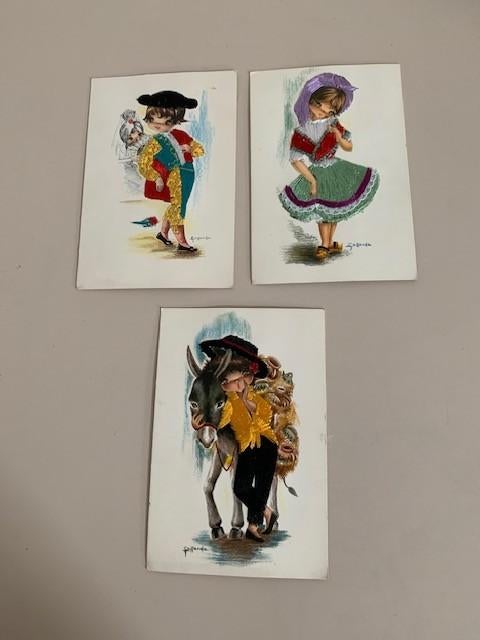 3 x vintage ansicht Spanje klederdracht geborduurd. Callarda, Ophalen, 1960 tot 1980, Ongelopen, Klederdracht