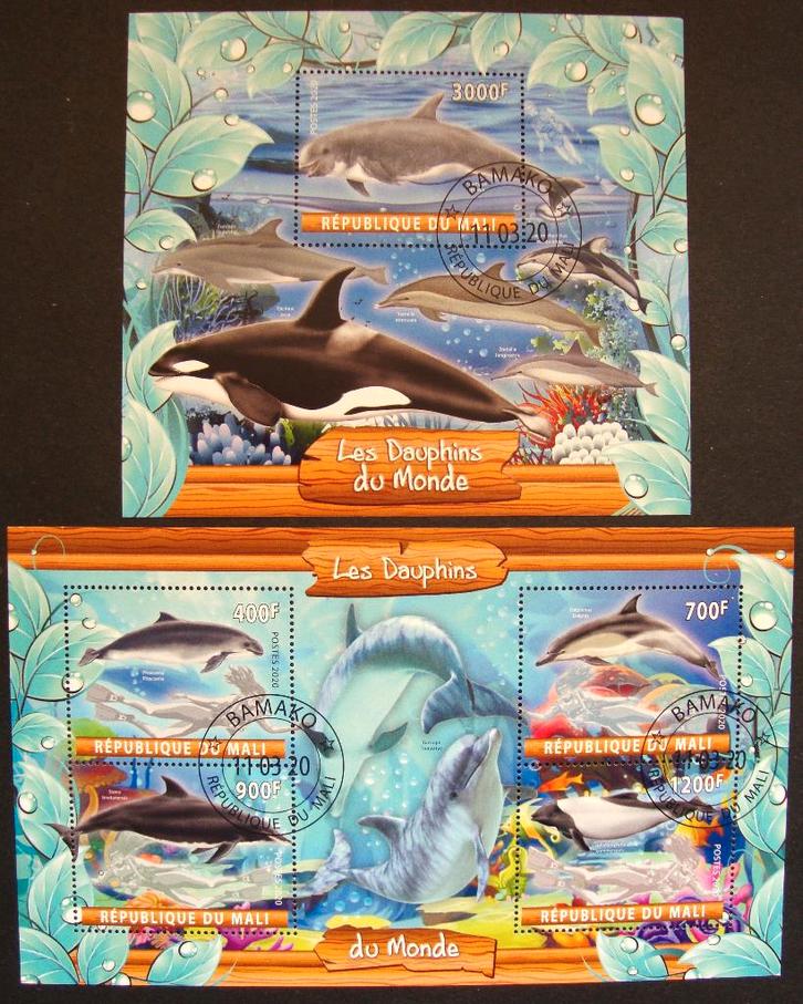 - 744 - 2 Blokken met Dolfijnen., Postzegels en Munten, Postzegels | Thematische zegels, Gestempeld, Dier of Natuur, Verzenden