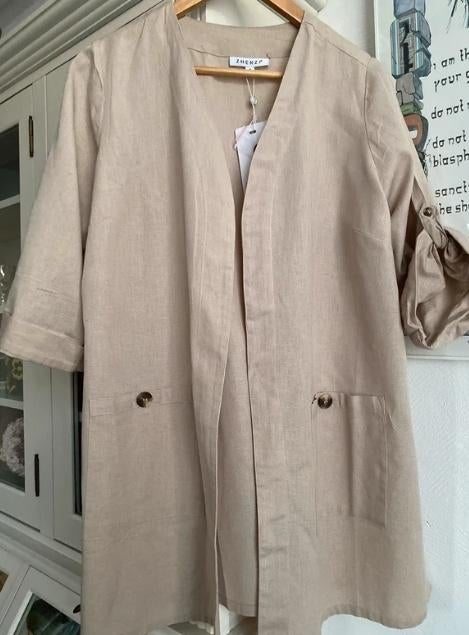 Linnen katoen jas 42/44, Zhenzi, Beige, Maat 42/44 (L), Nieuw
