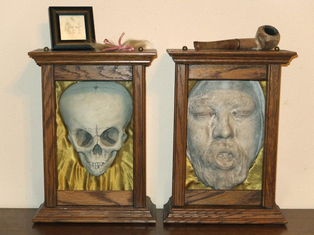 rariteitenkabinet set: schedel kind & dodenmasker, replica’s, Antiek en Kunst, Curiosa en Brocante, Ophalen of Verzenden