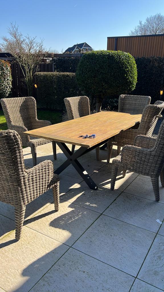 Luxe tuinset: Teak tafel (240x100) met 6 rotan stoelen, Tuin en Terras, Ophalen, Gebruikt, Eettafel, 6 zitplaatsen