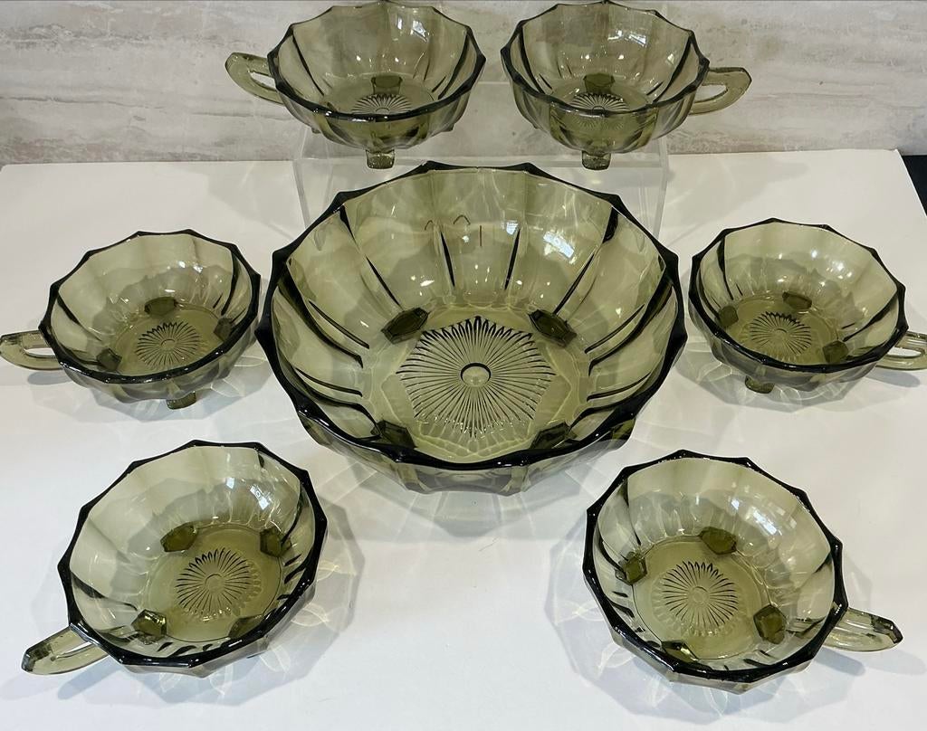 Vintage Serveerset Groen Glas op Pootjes uit de 60e Jaren, Verzenden
