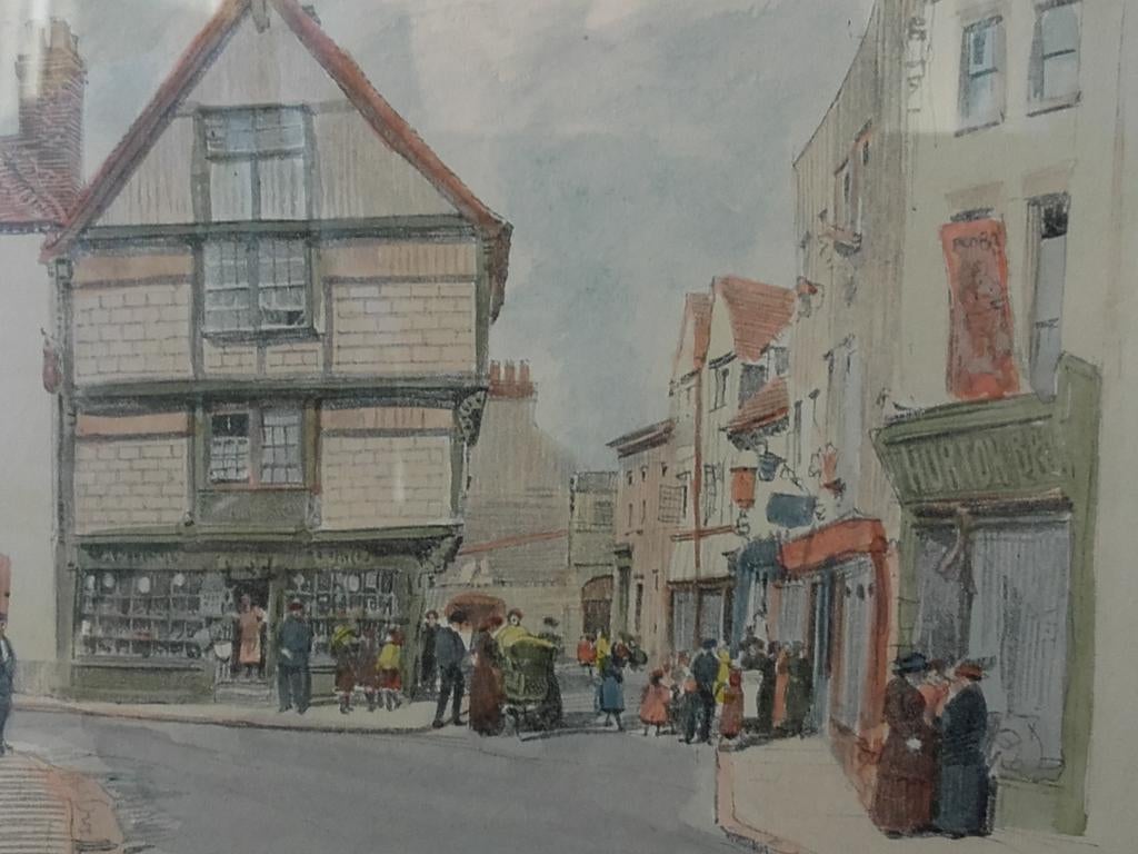 Mooie oude ingelijste prent uit Engeland van Borough corner., Ophalen of Verzenden