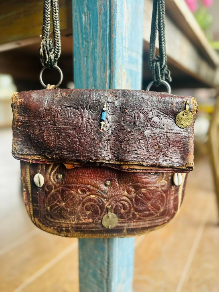 VINTAGE ANTIEKE MARRAKECH LEDEREN TAS, Sieraden, Tassen en Uiterlijk, Tassen | Damestassen, Ophalen of Verzenden, Gebruikt, Bruin