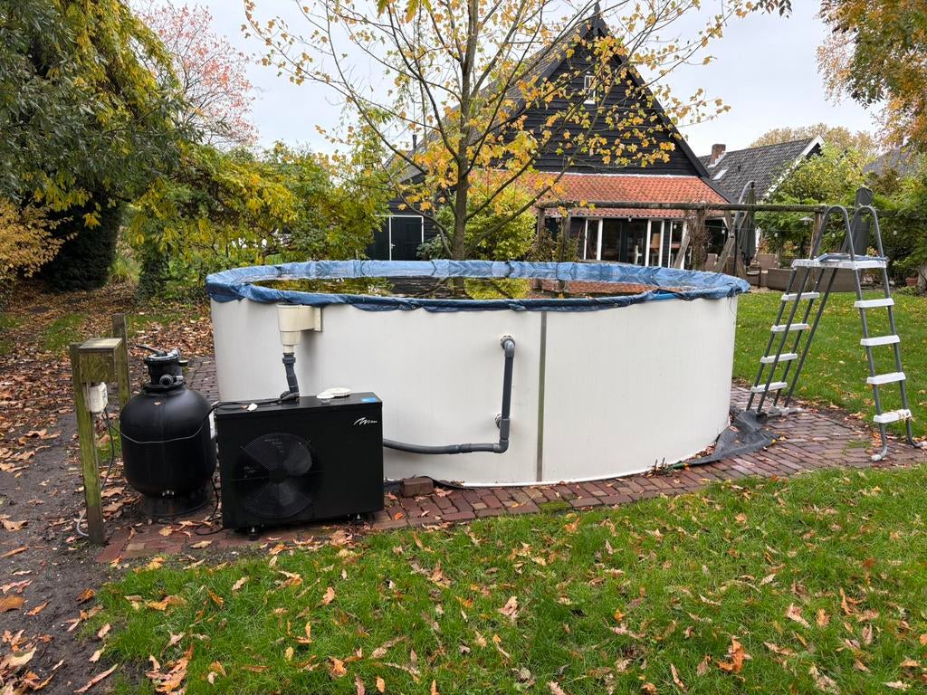 Zwembad stalen wand met filter en warmtepomp, Tuin en Terras, Rond, 300 cm of meer, Zo goed als nieuw, Ophalen