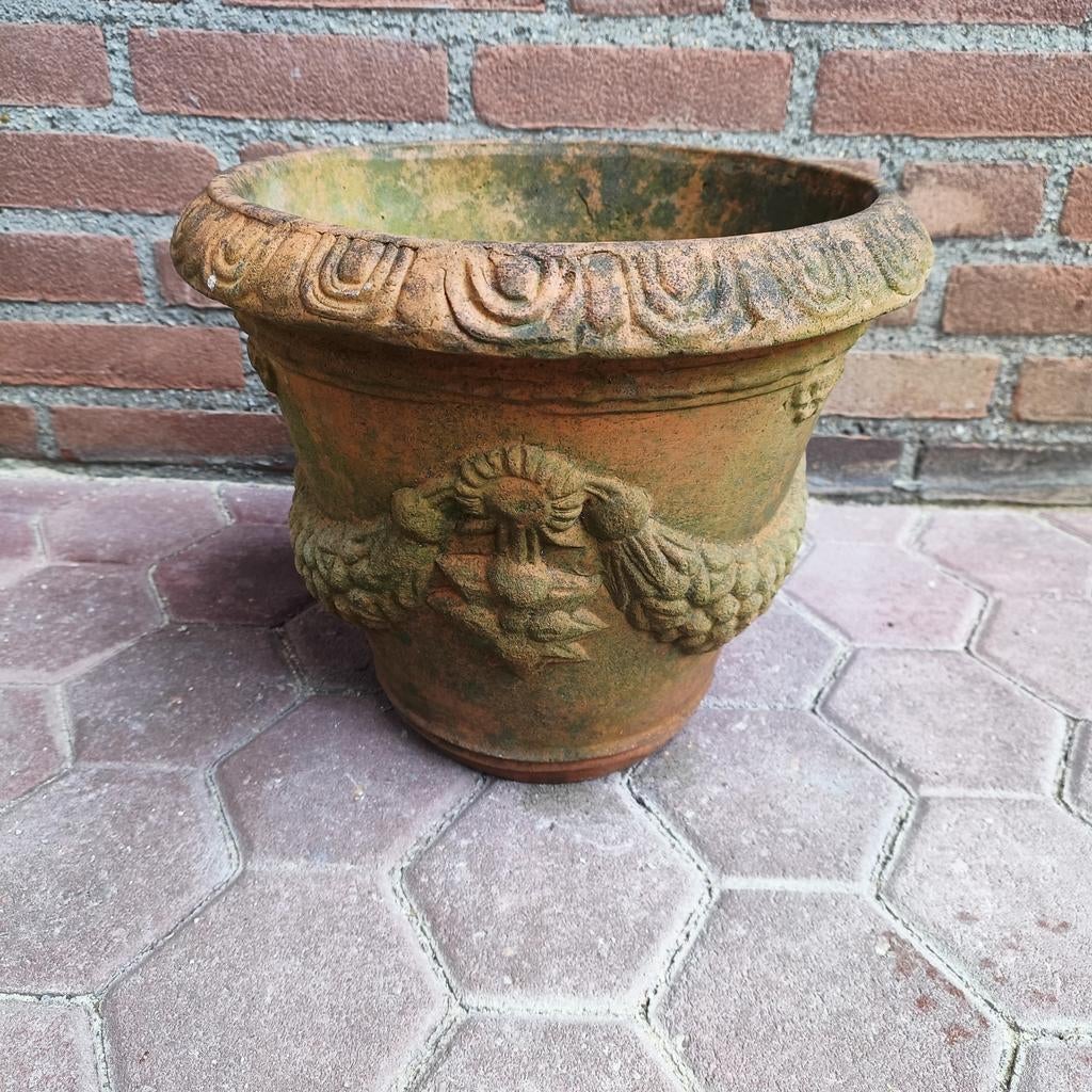 Prachtige dikke terracotta bloempot, Tuin en Terras, Bloempotten, Ophalen, Rond, Zo goed als nieuw, Aardewerk