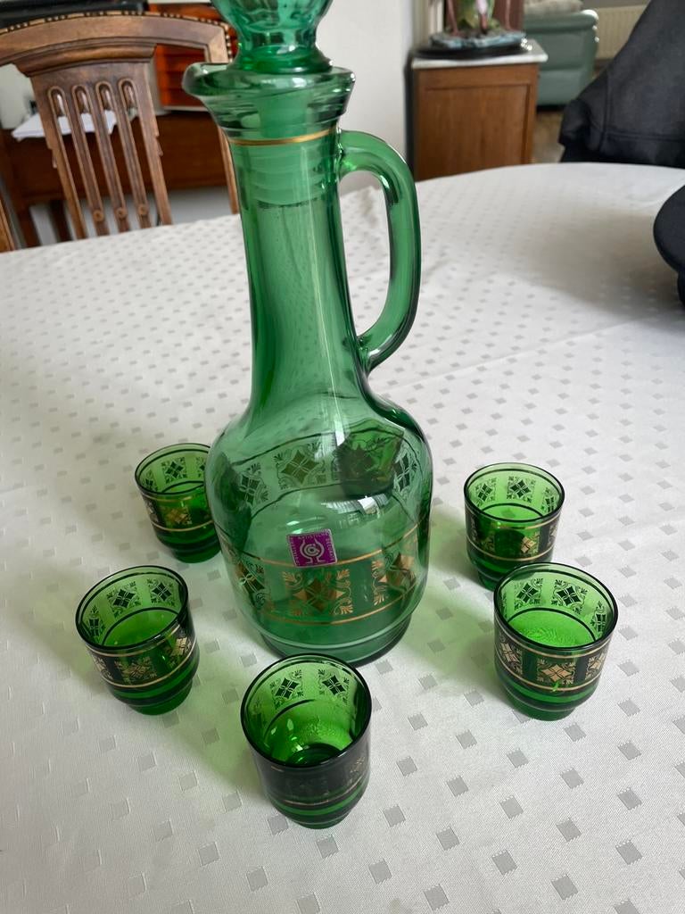 Vintage groen/goud glazen set karaf en glaasjes italie, Ophalen, Zo goed als nieuw, Overige typen