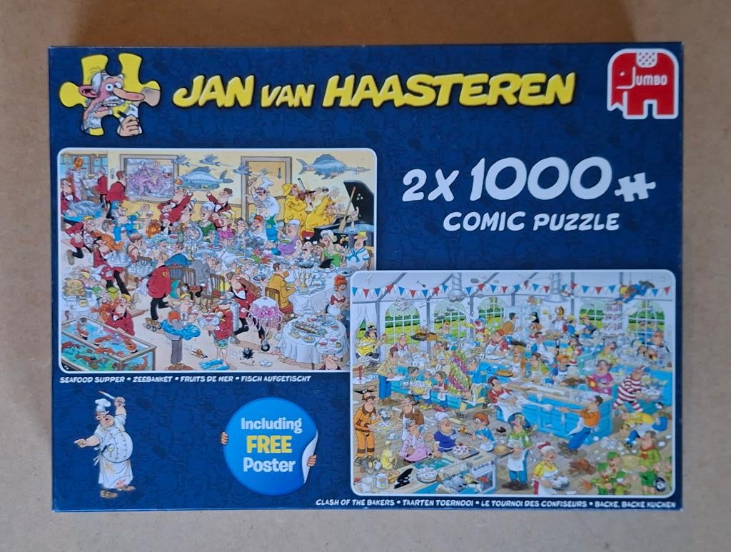 Puzzel Jan van Haasteren Zeebanket, Taarten Toernooi 2x 1000, Ophalen of Verzenden, 500 t/m 1500 stukjes, Zo goed als nieuw, Legpuzzel