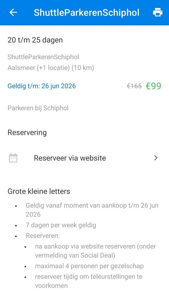 Shuttle Parkeren Schiphol 20-25 dagen, Tickets en Kaartjes, Kortingen en Cadeaubonnen, Eén persoon, Kortingsbon