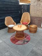 Rieten set: 2x Fauteuil + Tafel + Hocker Vintage jaren 60-70, Ophalen, Gebruikt, Twee, Bruin