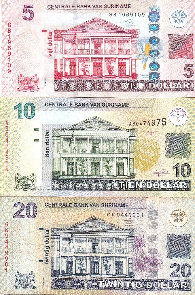 SURINAME   50 JAAR  ONAFHANKELIJK   5 - 10 EN 20 DOLLAR, Ophalen of Verzenden, 10 gulden