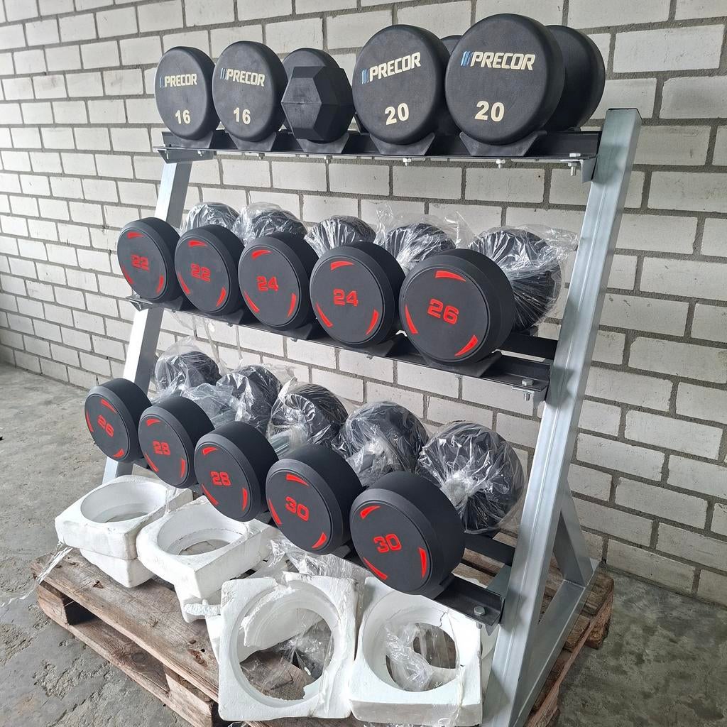 Nieuwe Type Urethane Dumbells 16 kilo tot 30 kilo + Rack, Ophalen, Zo goed als nieuw, Benen, Dumbbell