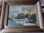 Oud gesigneerd schilderij, winterlandschap met schaatsers, Antiek en Kunst, Kunst | Schilderijen | Klassiek, Ophalen of Verzenden