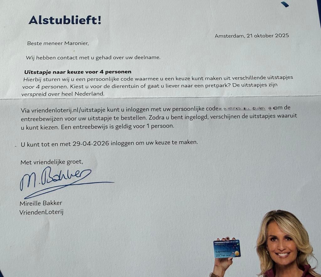 Vriendenloterij uitstapje naar keuze, Drie personen of meer, Ticket of Toegangskaart