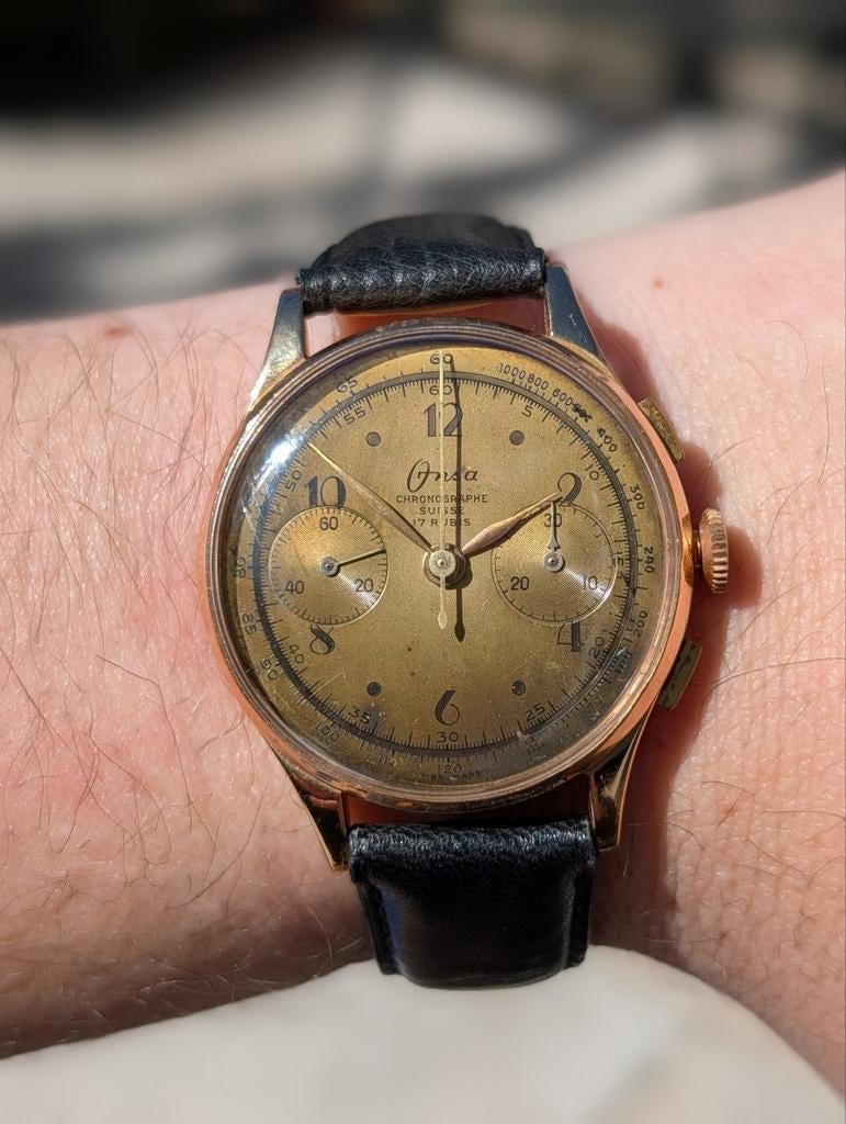 Onsa Chronographe Suisse 18k Roségoud Landeron 51 (ca. 1948), Polshorloge, Goud, Ophalen, Overige merken