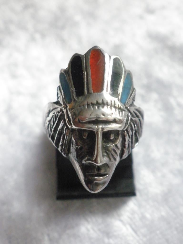 Mooie Zilveren Indianen Ring met Turkois - Koraal - Zwarte, Verzenden, Zilver, Ring, Met edelsteen
