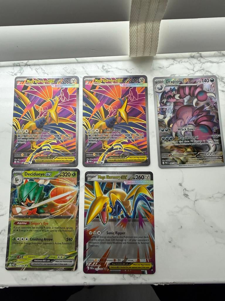 Pokémon kaarten: Mega Skarmory EX, Drapion, Decidueye EX, Ophalen of Verzenden, Gebruikt, Meerdere kaarten, Foil