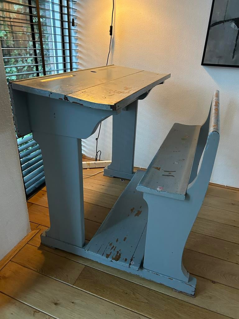 Retro schoolbankje - Vintage kinderbureau met bankje, Ophalen
